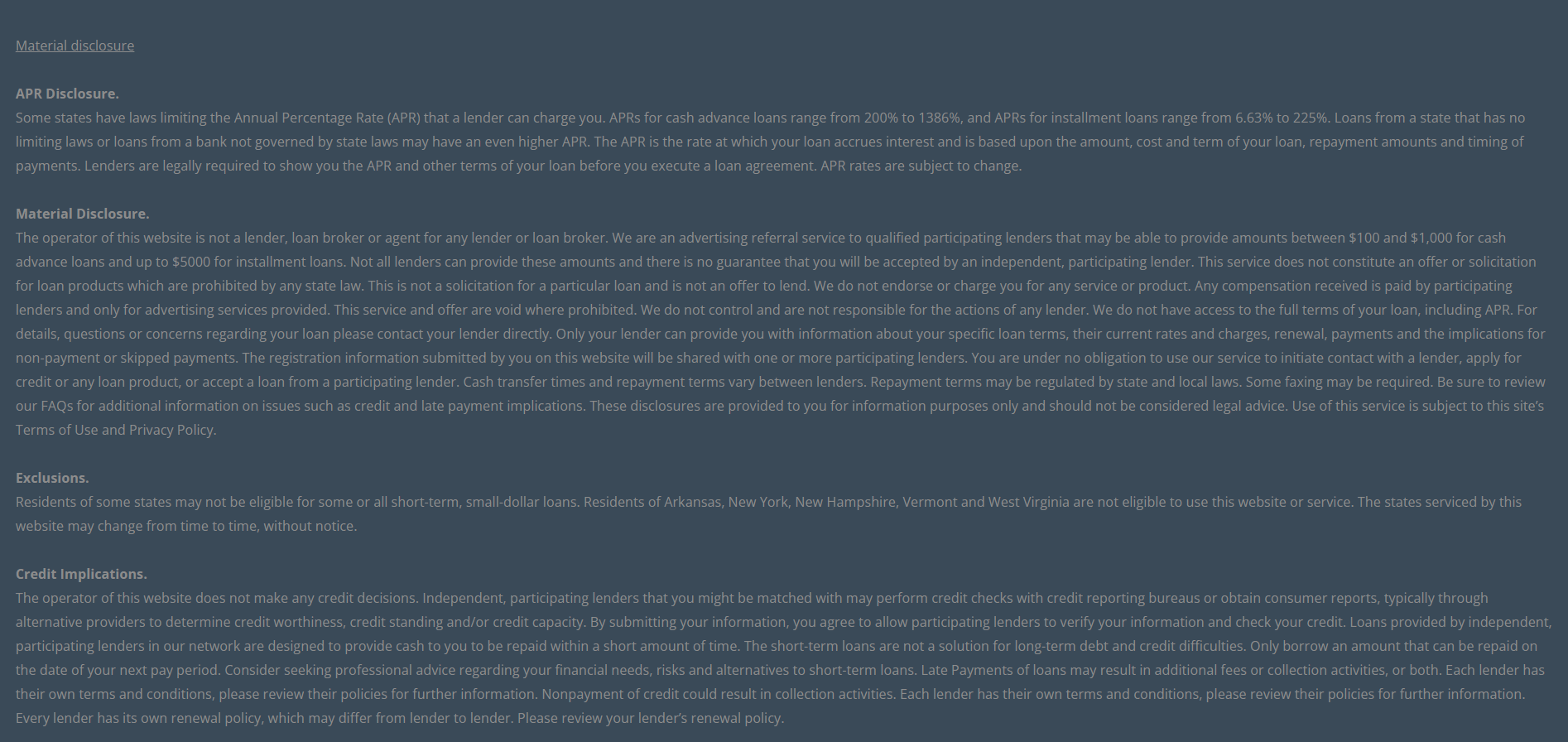 Material disclosure for payday loans in Las Vegas Nevada